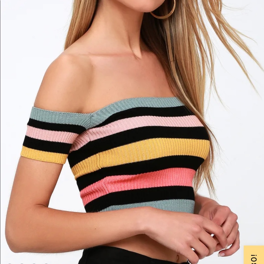 Multi Striped Ribbed Off the Shoulder Crop Top